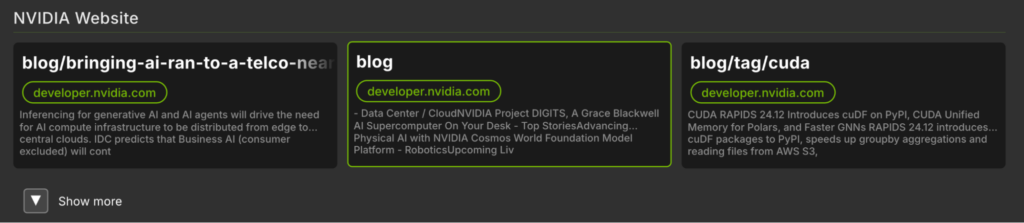 Three panels show summaries of webpages from the NVIDIA website. Each panel includes the subdomain and a text preview of the webpage’s content.